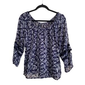 Lucky Brand Women's Sz Small Estelle Printed Top Boho Sheer Trim Mid Sleeve NEW